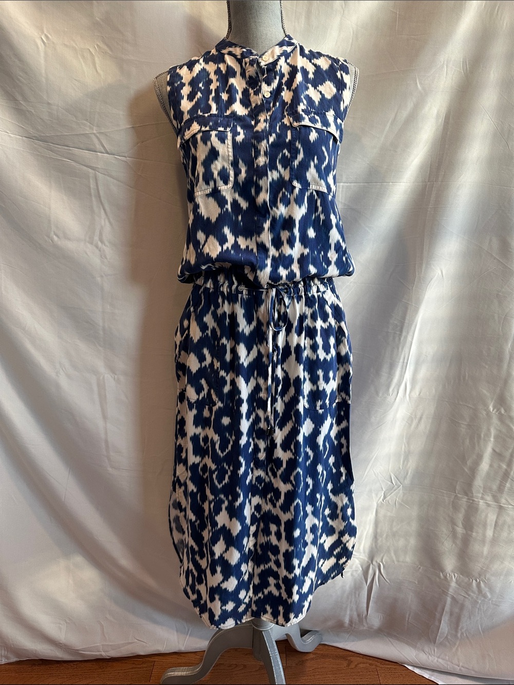 Vince Navy and White Ikat Sleeveless Midi Dress